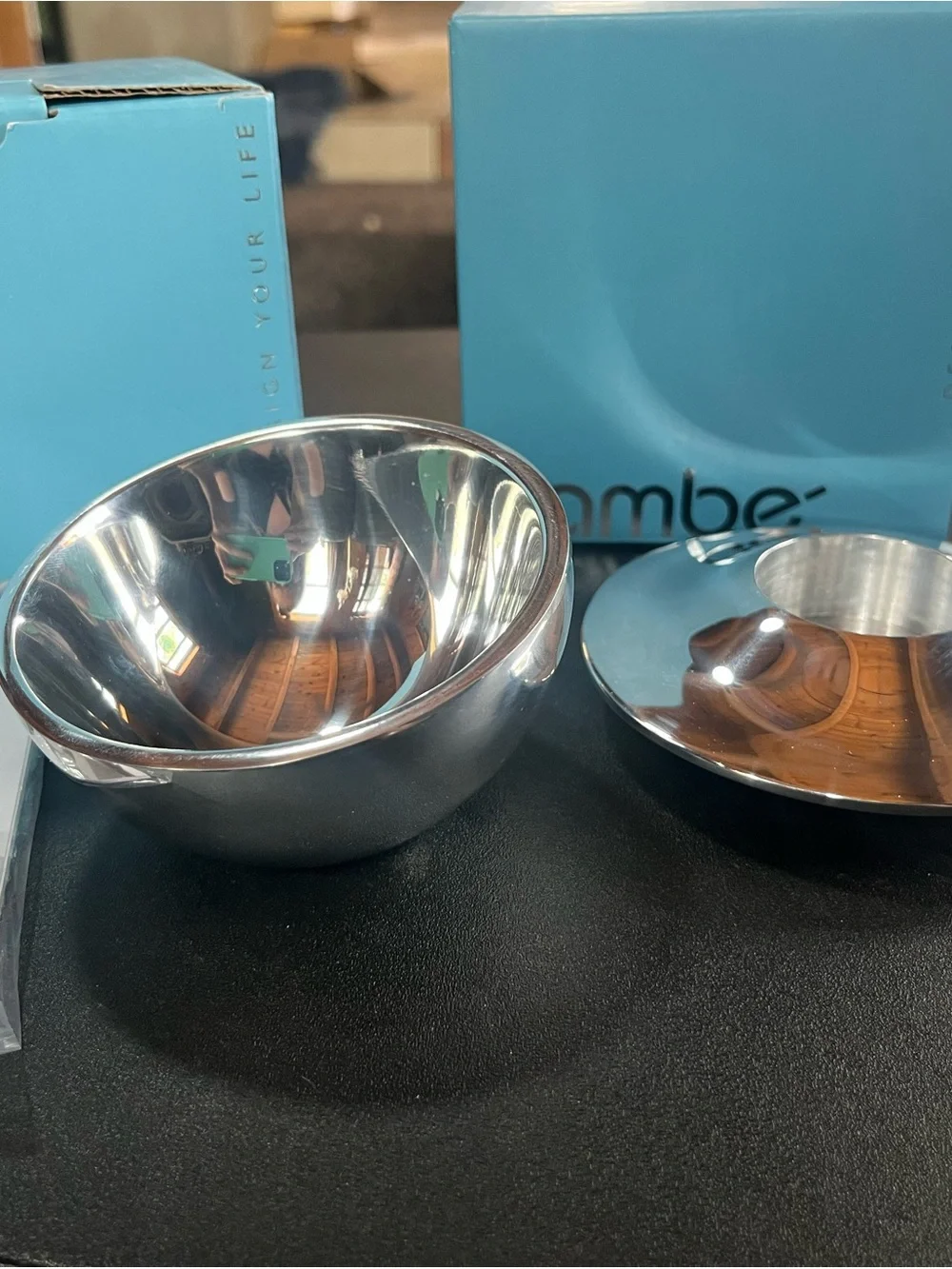 Set of 2 NAMBE’ items. Bowl and candleholder. Silver tone. Pre-owned